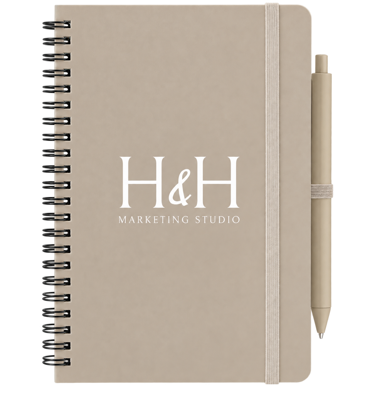 Beige H&H Marketing Studio journal and pen offered with a complimentary marketing consultation